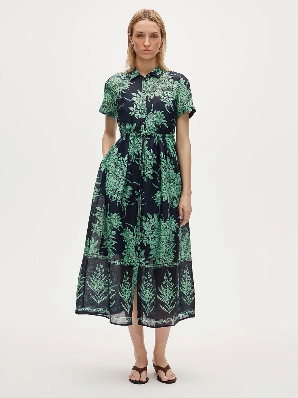 J.Crew Cerise Shirt Dress Pineapple Garden Print Ramie Navy Matcha Size 2 NWT